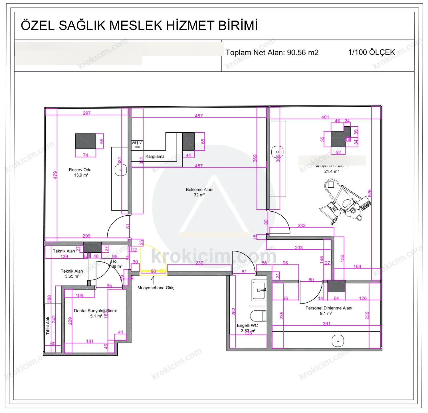 Mimar onaylı diş kliniği kroki çizimi — muayene odaları, teknik alan ve karşılama, 1/100 ölçek
