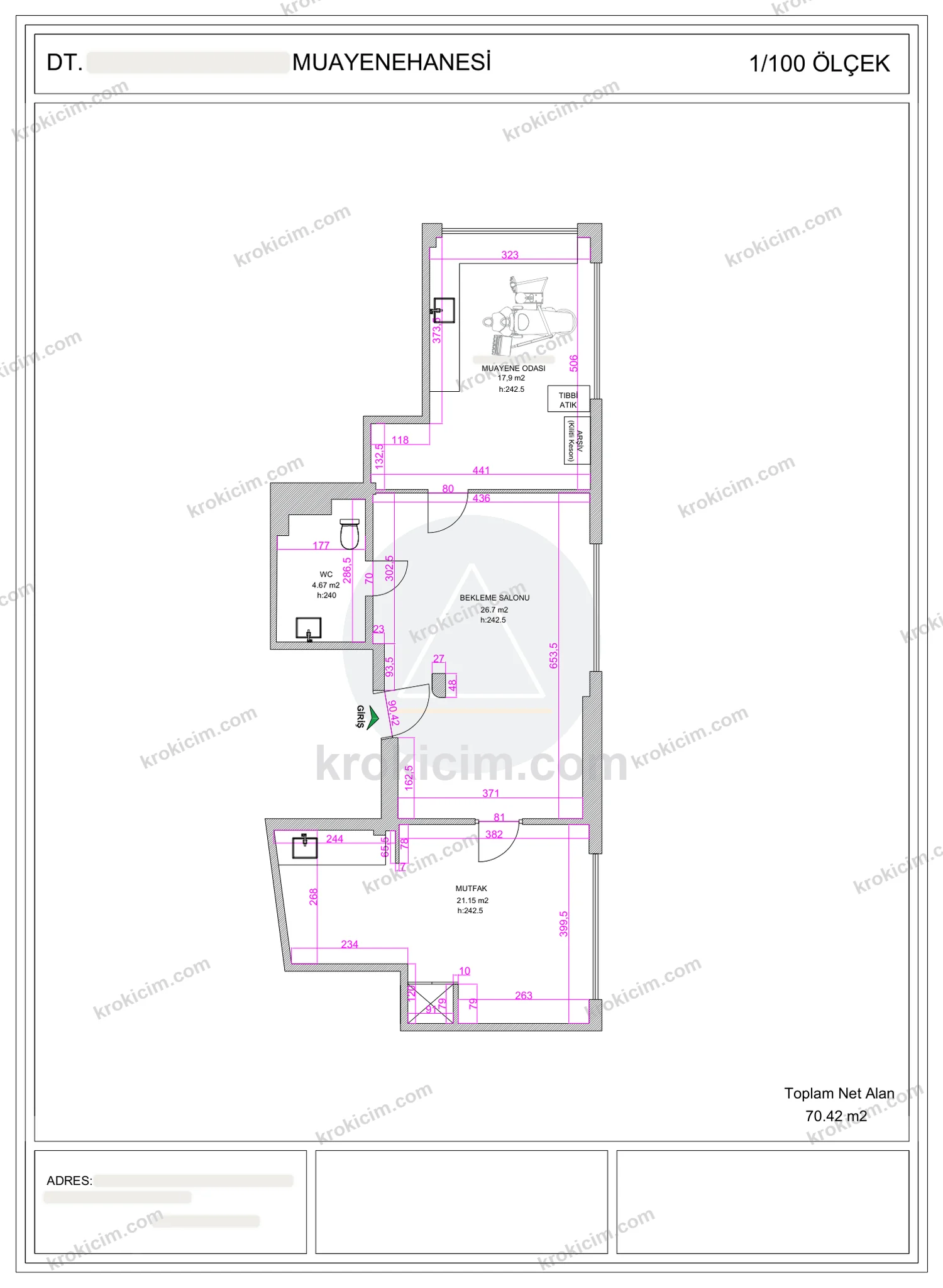 Diş muayenehanesi kroki çizimi — muayene odası, bekleme salonu, mutfak ve WC, 1/100 ölçek (70,42 m²)