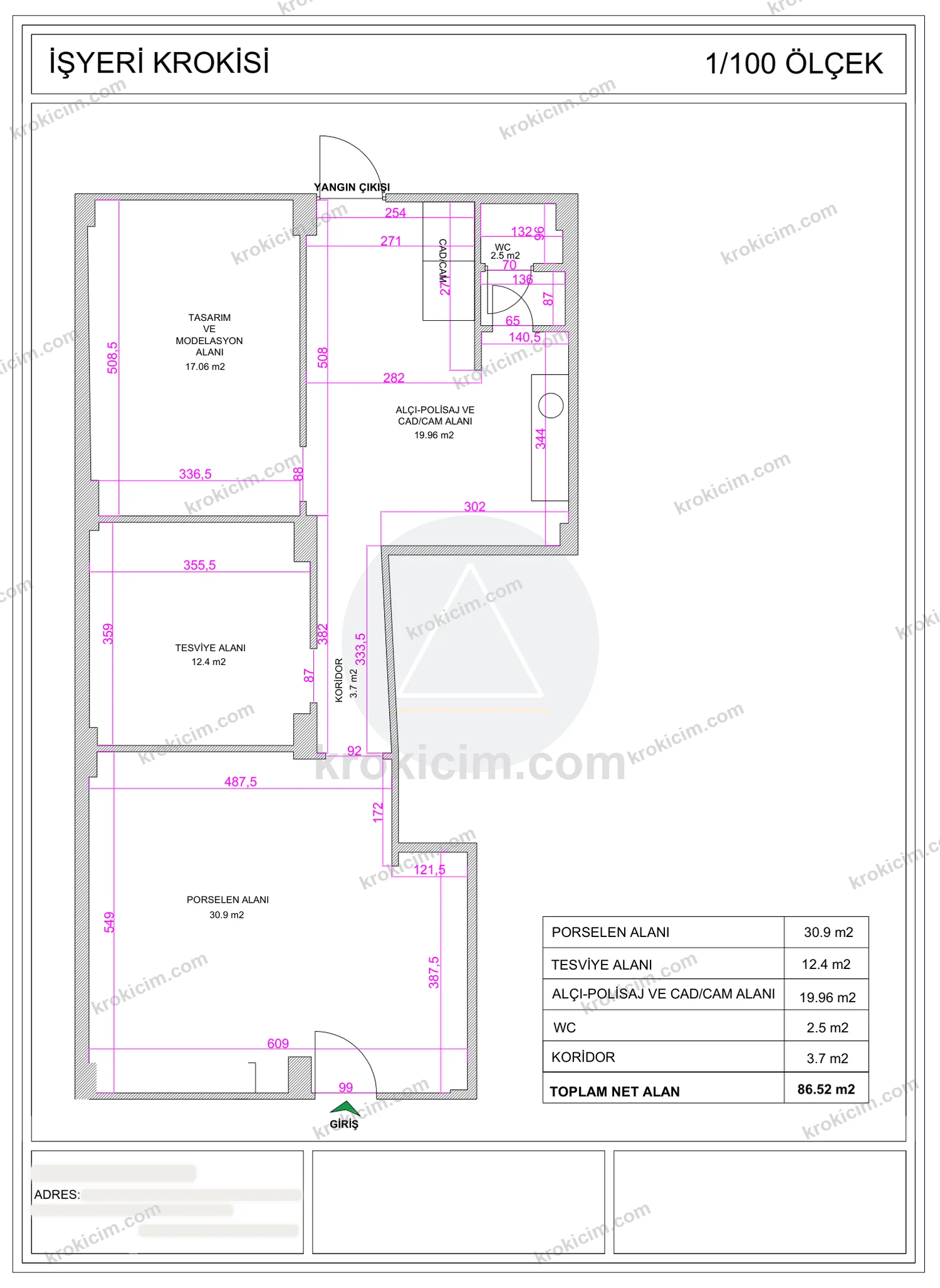 Diş protez laboratuvarı kroki çizimi — tasarım ve modelasyon, alçı-polisaj ve CAD/CAM alanı, porselen alanı ve alan tablosu (86,52 m²)