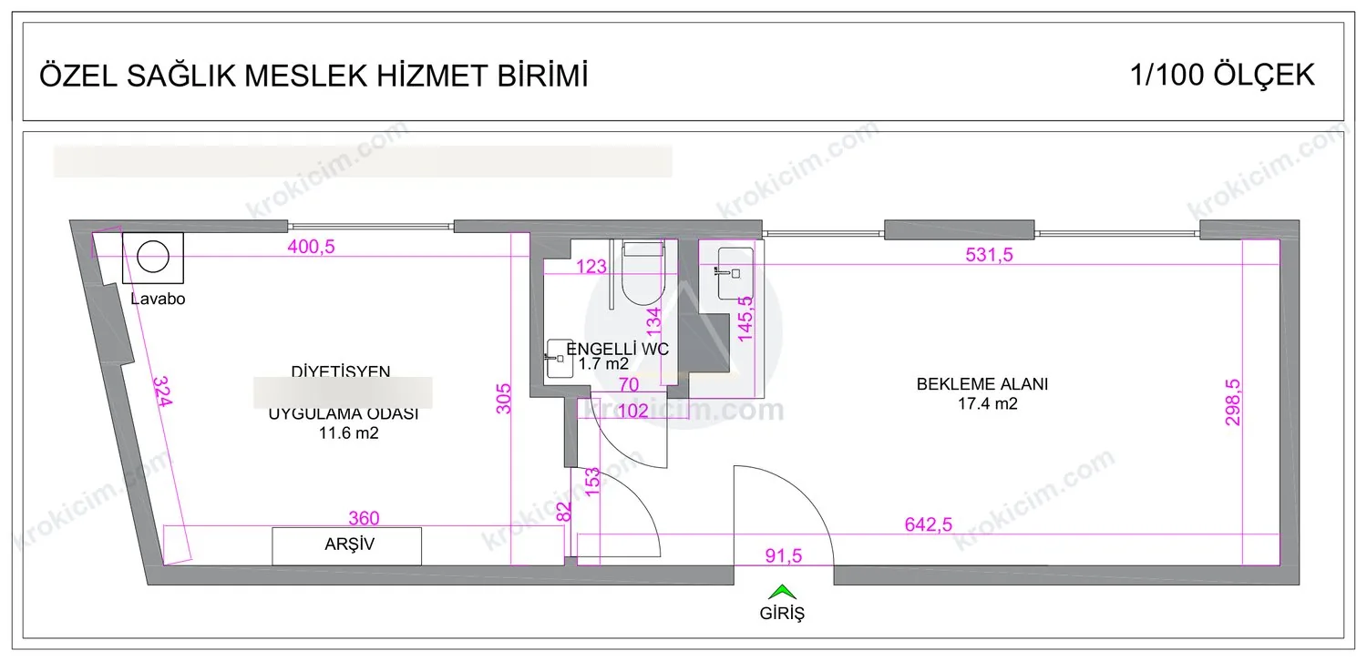 Mimar onaylı diyetisyen kroki çizimi — uygulama odası, bekleme alanı ve arşiv, 1/100 ölçek