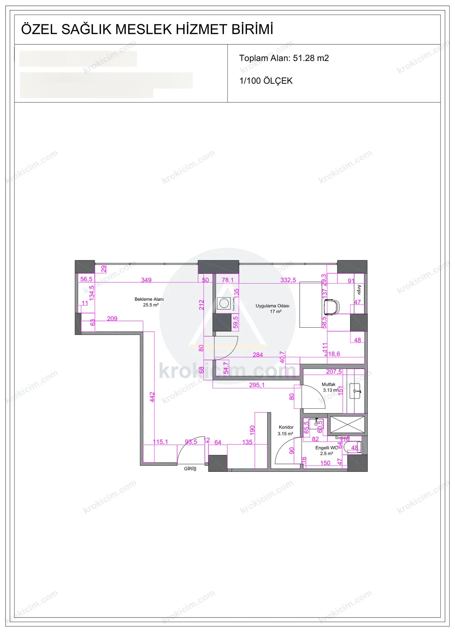 Diyetisyen rölöve planı — uygulama odası ve destek alanları, 51,3 m²
