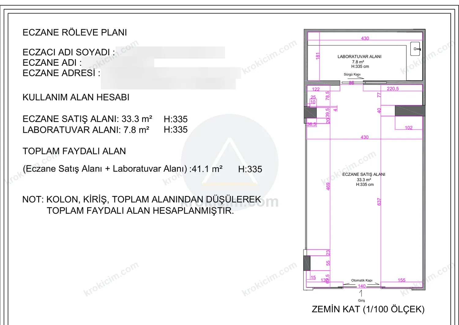 Mimar onaylı eczane kroki çizimi örneği