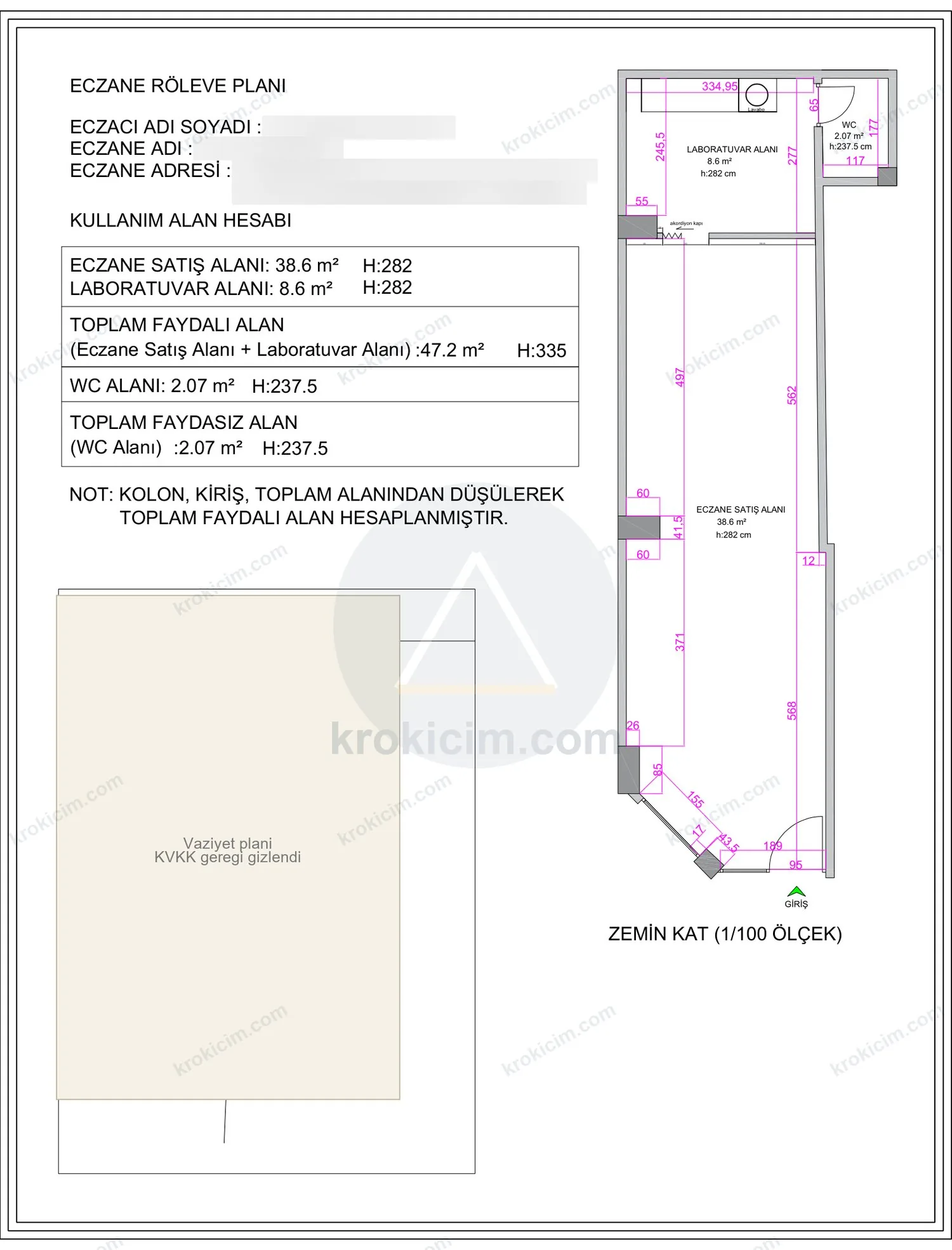 Eczane rölöve planı örneği — eczane satış alanı, laboratuvar ve WC ile ölçekli kroki (47,2 m²)