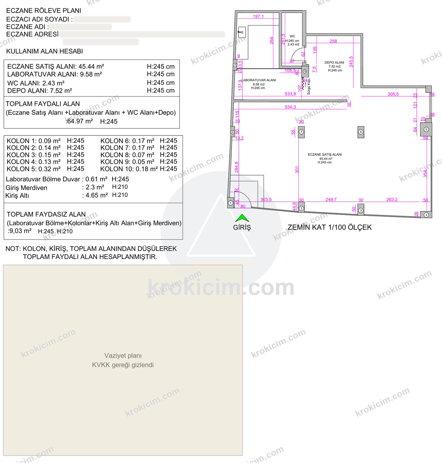 Eczane rölöve planı — eczane satış alanı, laboratuvar, WC ve depo, kolon ve faydasız alan hesabı (64,97 m² faydalı alan)