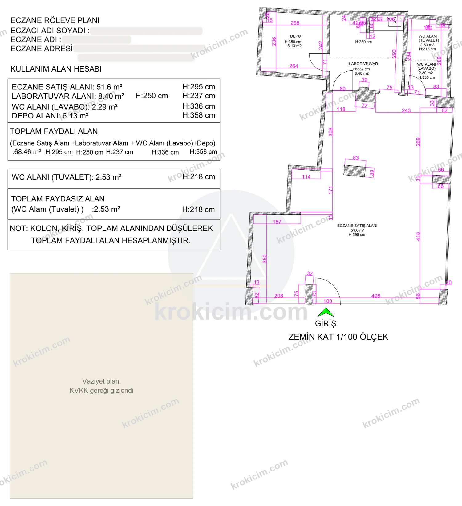 Eczane rölöve planı — satış alanı, laboratuvar, lavabolu WC ve depo, kullanım alanı hesabı (68,46 m² faydalı alan)
