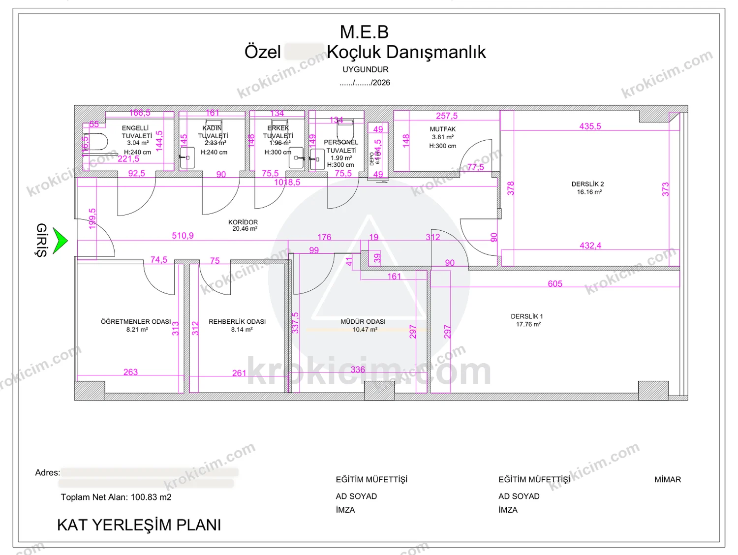 MEB özel öğretim kurumu kat yerleşim planı — iki derslik, müdür odası, rehberlik odası, öğretmenler odası ve tuvaletler (100,83 m²)