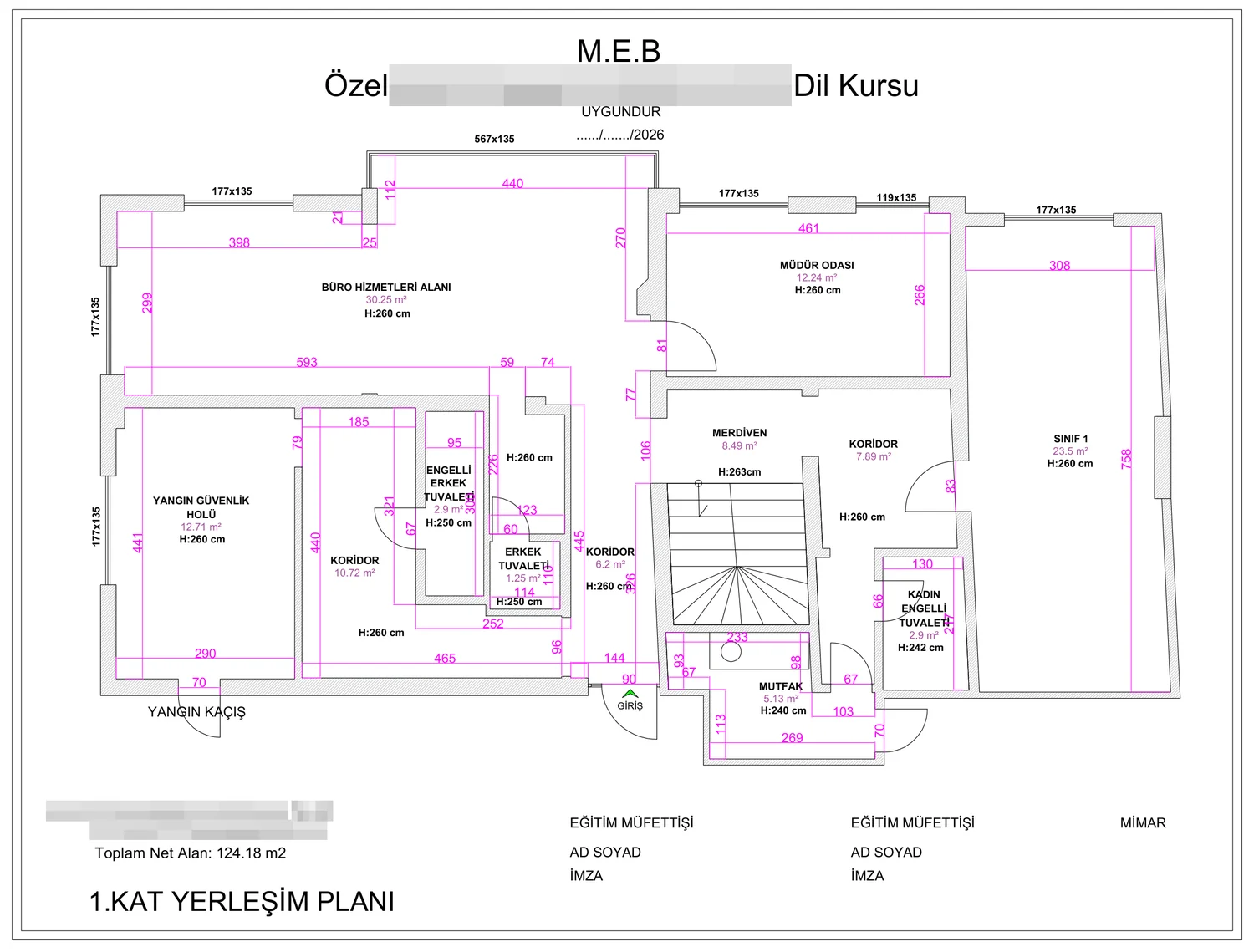 MEB özel dil kursu 1. kat yerleşim planı örneği — büro hizmetleri alanı, müdür odası, sınıf, yangın güvenlik holü, toplam net 124,18 m²