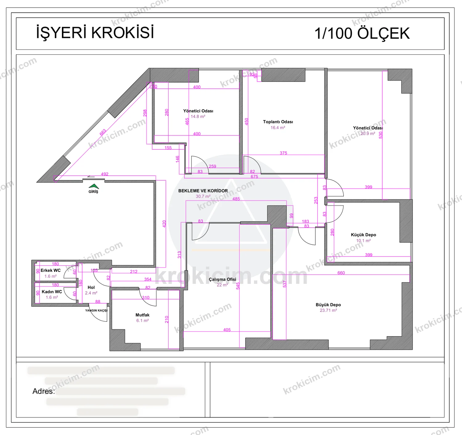 Medikal ofis işyeri krokisi — iki yönetici odası, toplantı odası, çalışma ofisi, büyük ve küçük depo, 1/100 ölçek