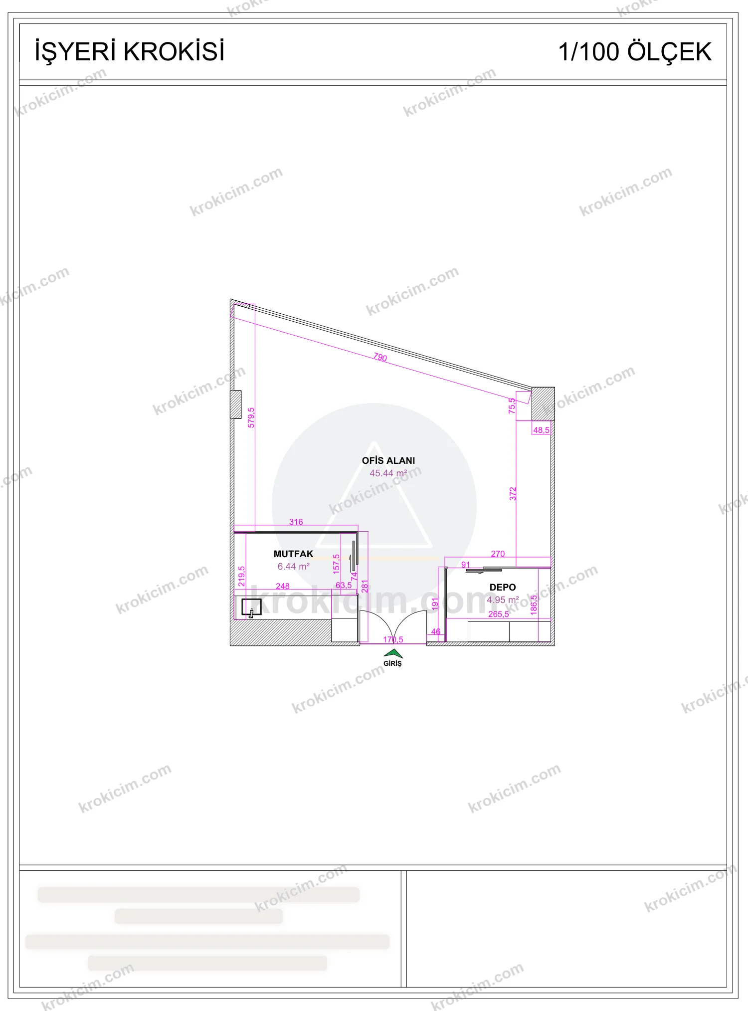 Tıbbi cihaz firması işyeri krokisi — ofis alanı, depo ve mutfak, 1/100 ölçek (45,44 m² ofis alanı)