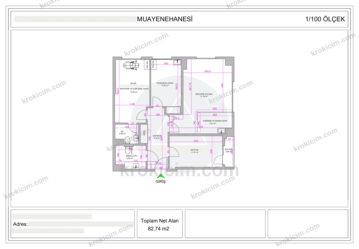 Muayenehane kroki çizimi — muayene ve görüşme odası, pansuman odası, emzirme ve bakım odası, bekleme salonu (82,74 m²)