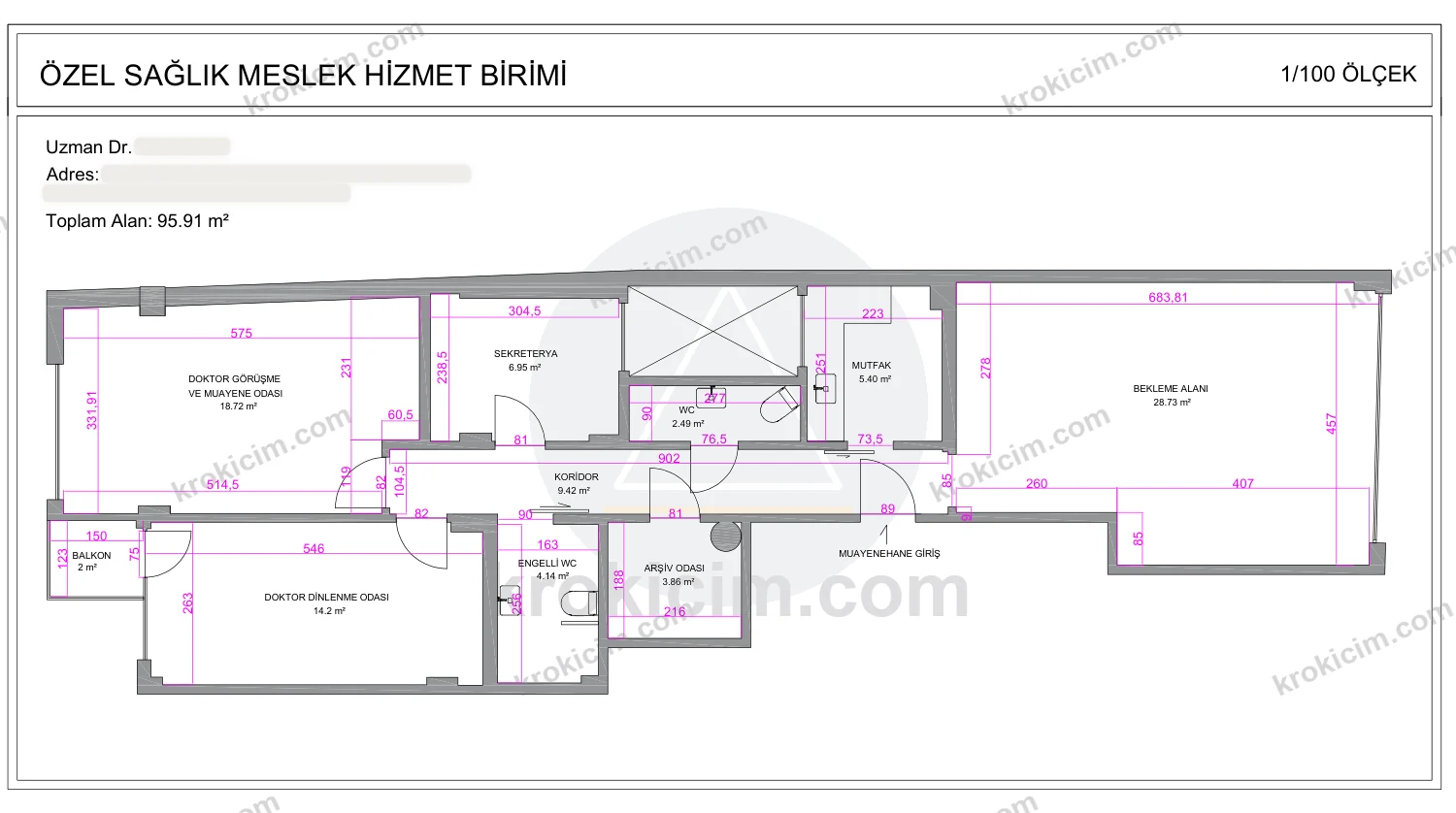Psikiyatri özel sağlık meslek hizmet birimi kroki çizimi — doktor görüşme ve muayene odası, doktor dinlenme odası, sekreterya, arşiv ve bekleme alanı (95,91 m²)