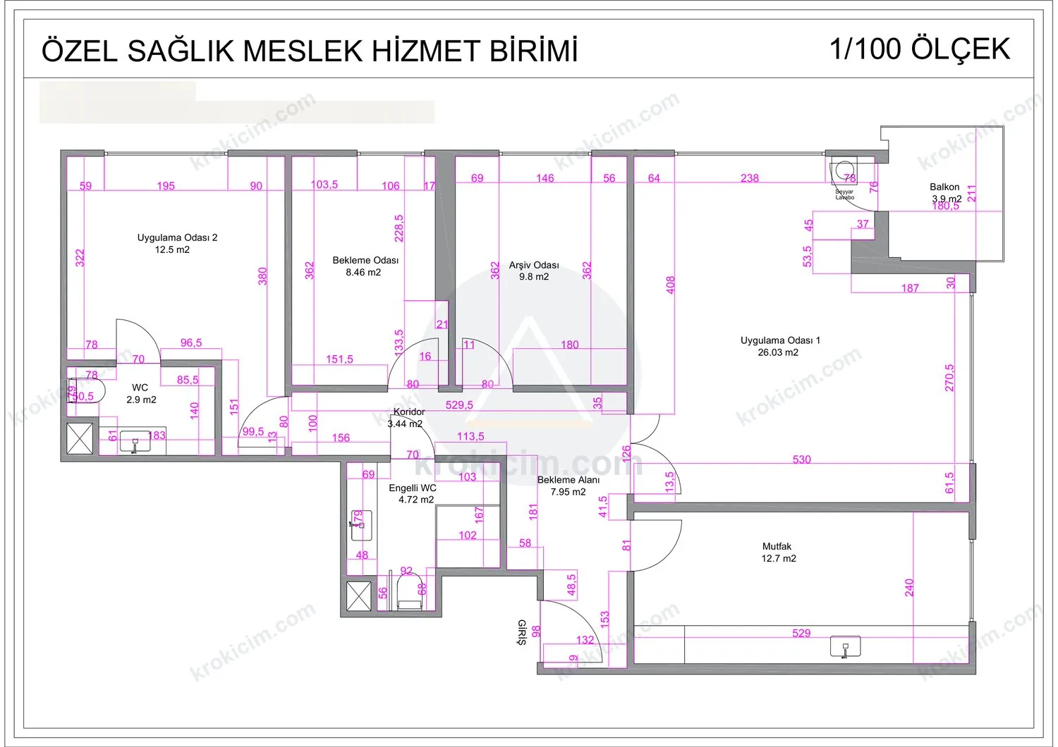 Klinik psikolog muayenehanesi rölöve planı — iki uygulama odası, bekleme ve arşiv odası, 1/100 ölçekli kroki