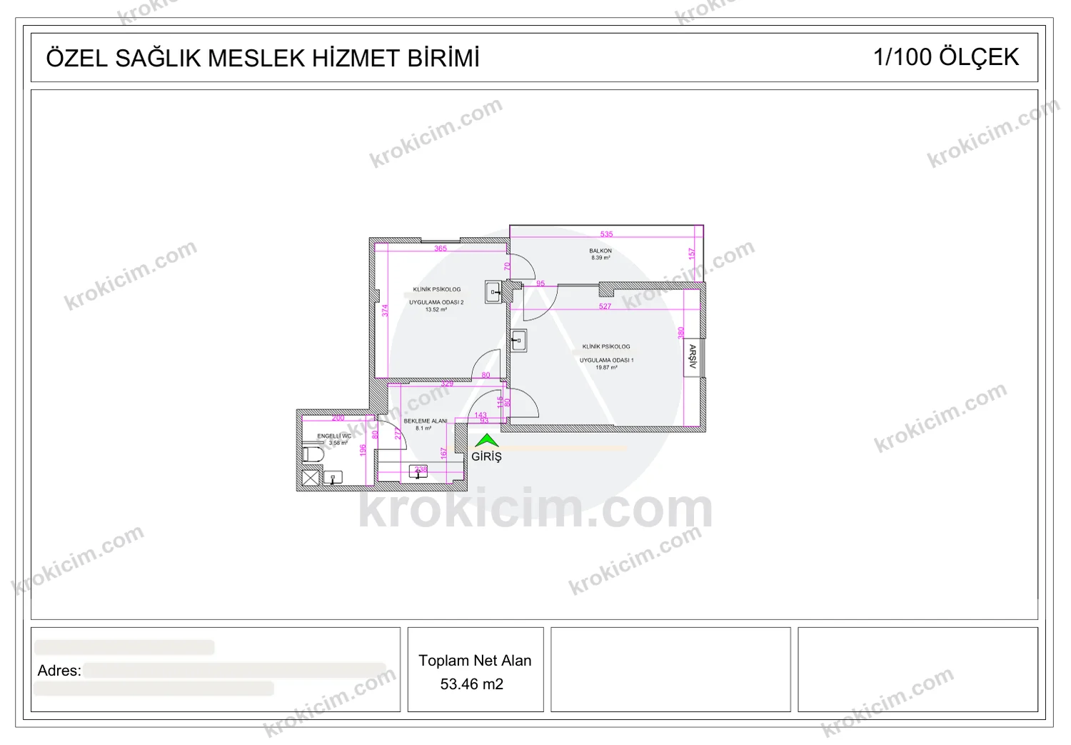 Klinik psikolog kroki çizimi — iki uygulama odası, bekleme alanı, engelli WC ve balkon (53,46 m²)