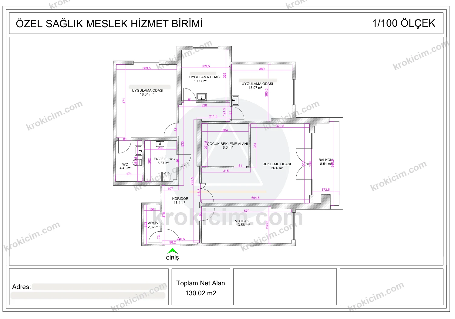 Psikolojik danışmanlık merkezi kroki çizimi — üç uygulama odası, çocuk bekleme alanı, bekleme odası, arşiv ve engelli WC (130,02 m²)