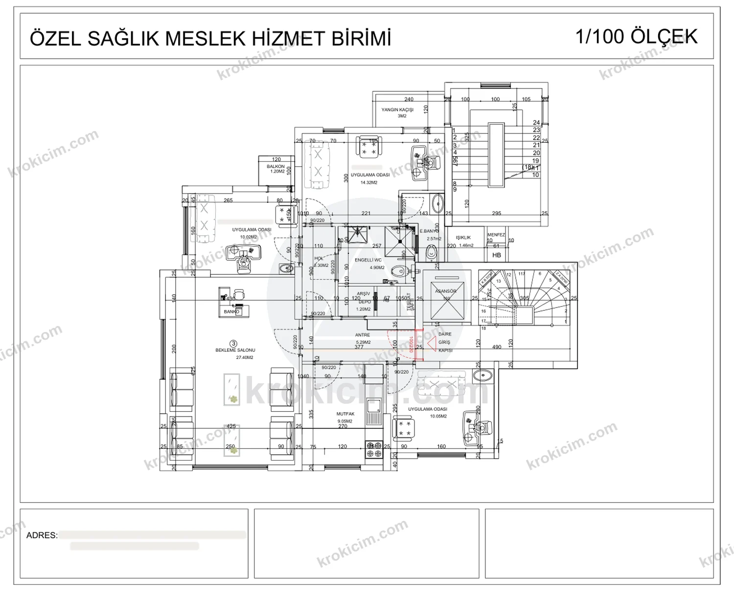 Daire içinde psikolog birimi kroki çizimi — üç uygulama odası, bekleme salonu, engelli WC ve yangın kaçışı, 1/100 ölçek