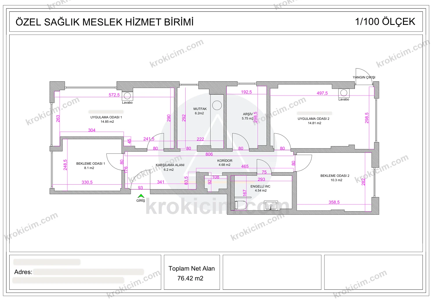 Psikolog birimi kroki çizimi — iki uygulama odası, iki bekleme odası, karşılama alanı, arşiv ve engelli WC (76,42 m²)